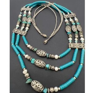 Vintage Southwestern Necklace Blue‎ Beads Faux Pearls Silver Tone Filigree Boho